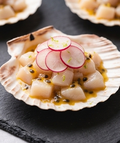 Tartare de Saint-Jacques au fruit de la passion et radis croquants