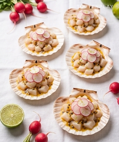 Tartare de Saint-Jacques au fruit de la passion et radis croquants