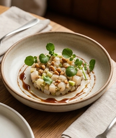 Tartare de Saint-Jacques aux artichauts, pomme verte et réduction de jus de pomme