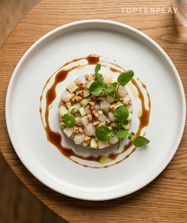 Jakobsmuschel-Tatar mit Artischocken, grünem Apfel und Apfelsaft-Reduktion