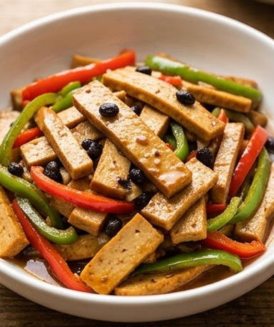 Tofu pressé sauté aux piments et haricots noirs fermentés