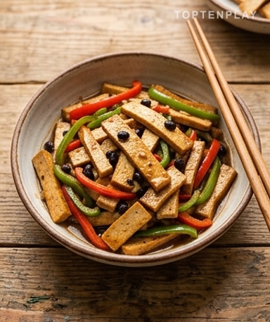 Gebratener gepresster Tofu mit Chilis und fermentierten schwarzen Bohnen