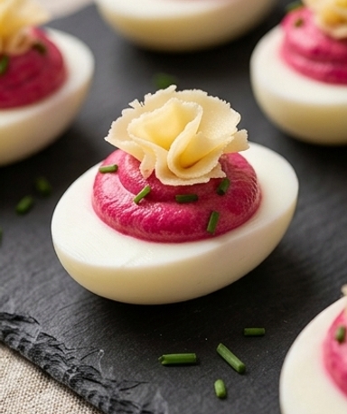 Œufs mimosa à la betterave et Tête de Moine AOP