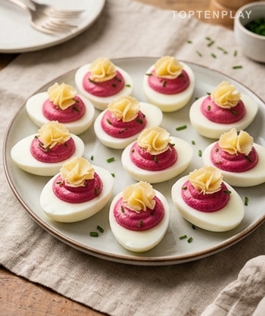 Œufs mimosa à la betterave et Tête de Moine AOP