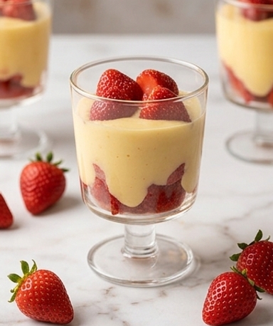 Verrines crème pâtissière sans œufs et fraises fraîches