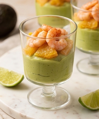 Verrines crevettes, mousse d'avocat et agrumes