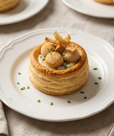 Vol-au-vent aux Saint-Jacques, topinambour et chips de salsifis