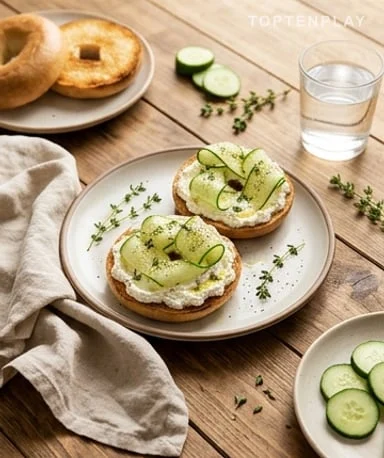 Bagels au chèvre fouetté aux herbes et concombre