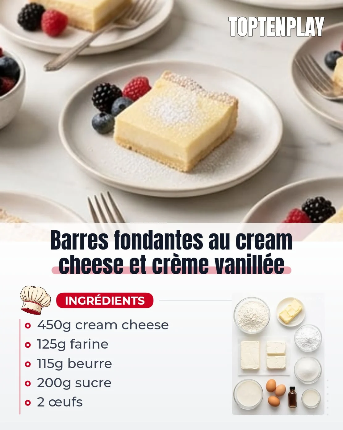 Barres fondantes au cream cheese et crème vanillée