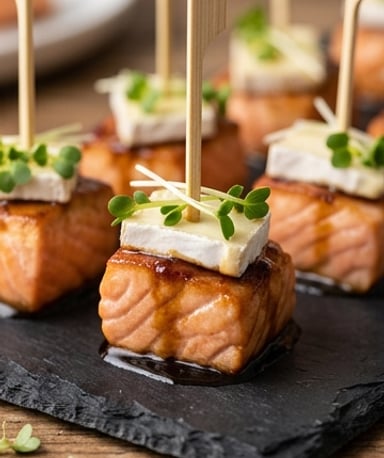 Bouchées de saumon caramélisées au soja et Bresse Bleu
