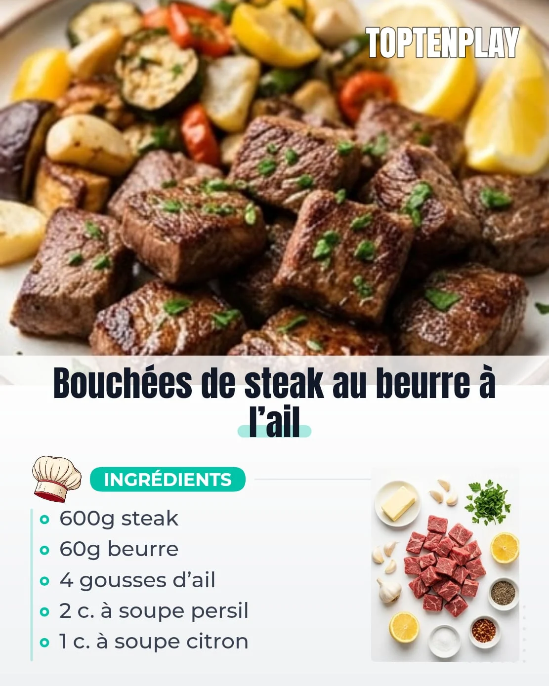 Bouchées de steak au beurre à l’ail
• 600g steak de bœuf tendre, coupé en cubes
• 60g beurre doux
• 4 gousses d’ail, finement hachées
• 2 c. à soupe persil frais haché