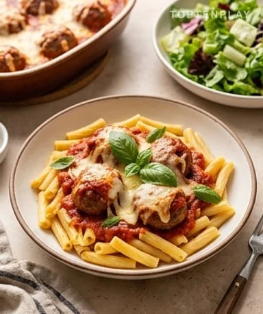 Beef meatballs in tomato sauce with mozzarella