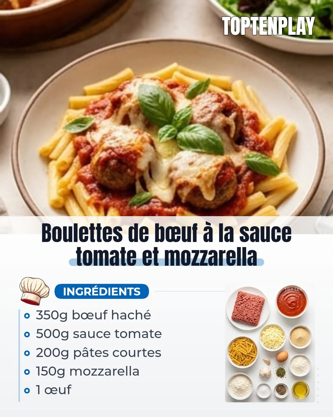 Boulettes de bœuf à la sauce tomate et mozzarella
• 350g bœuf haché
• 2 petites gousses d’ail hachées
• 1 œuf
• 2 cuillères à soupe chapelure