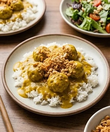 Boulettes de Dinde au Curry Jaune et Croustillant Cacahuètes-Échalotes