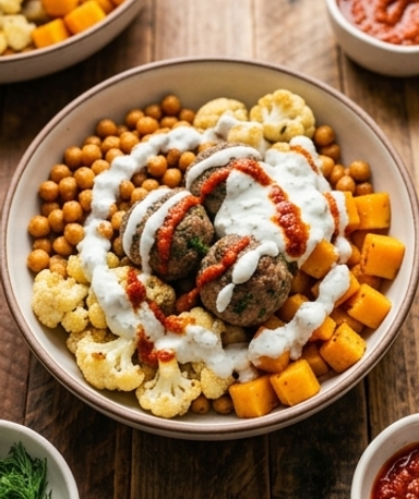 Boulettes Méditerranéennes au Four avec Pois Chiches, Chou-fleur et Courge Butternut