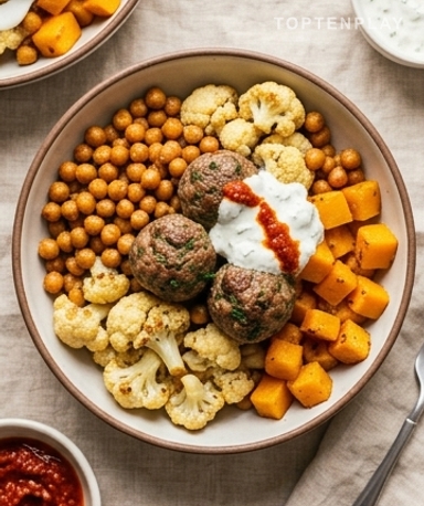 Boulettes Méditerranéennes au Four avec Pois Chiches, Chou-fleur et Courge Butternut