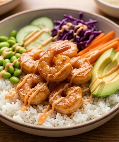 Bowl de crevettes miel-sriracha