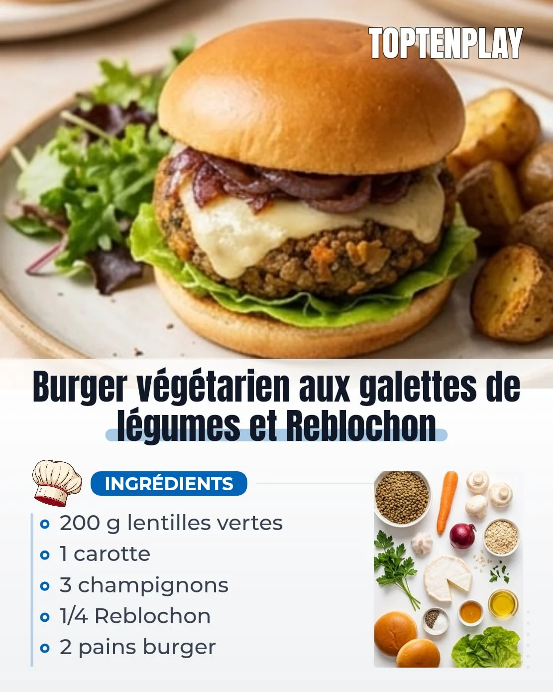 Burger végétarien aux galettes de légumes et Reblochon
• 200 g lentilles vertes cuites
• 1 carotte
• 3 champignons blancs
• 1/2 oignon blanc