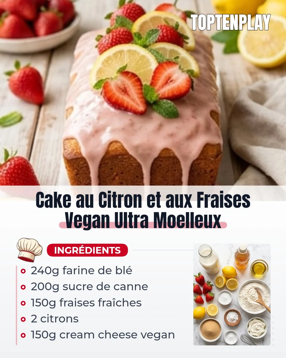 Cake au Citron et aux Fraises Vegan Ultra Moelleux