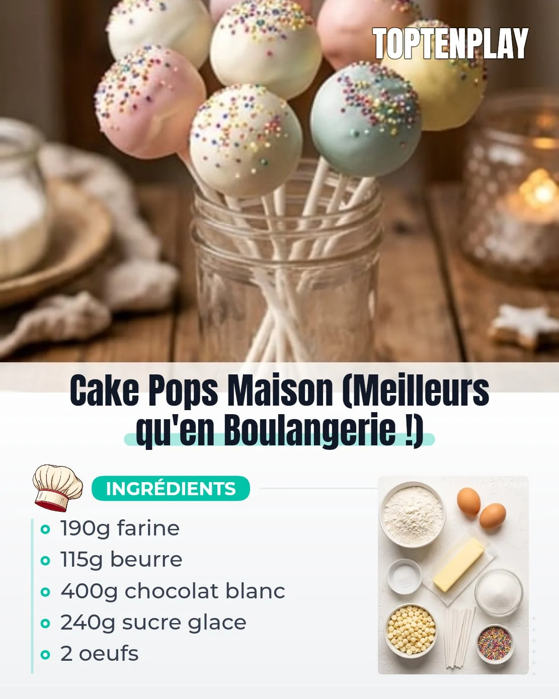 Cake Pops Maison (Meilleurs qu'en Boulangerie !)
• 190g farine tout usage, tamisée
• 1,5 c. à café levure chimique
• 1 pincée sel fin
• 115g beurre doux, à température ambiante