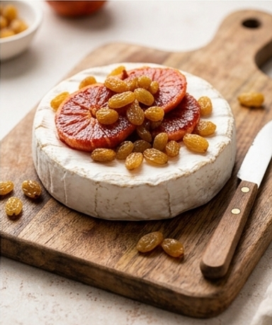 Camembert grillé à l'orange sanguine et aux raisins