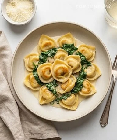 Pan-fried cappelletti with spinach and cream
