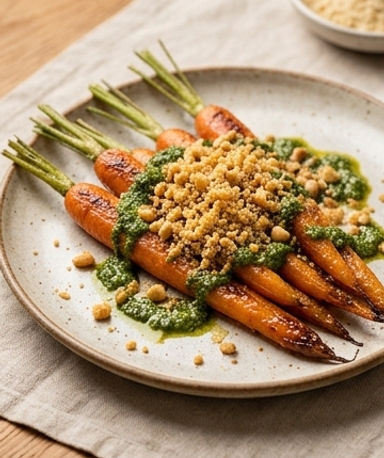 Carottes fanes rôties au pesto et crumble croustillant