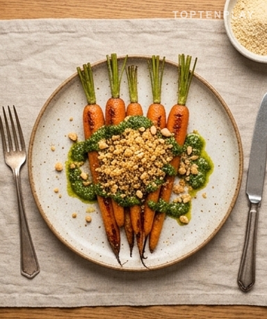 Carottes fanes rôties au pesto et crumble croustillant