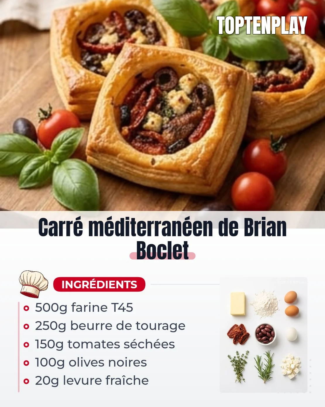 Carré méditerranéen de Brian Boclet
• 500g farine T45 (de gruau de préférence)
• 10g sel fin
• 60g sucre en poudre
• 20g levure fraîche de boulanger