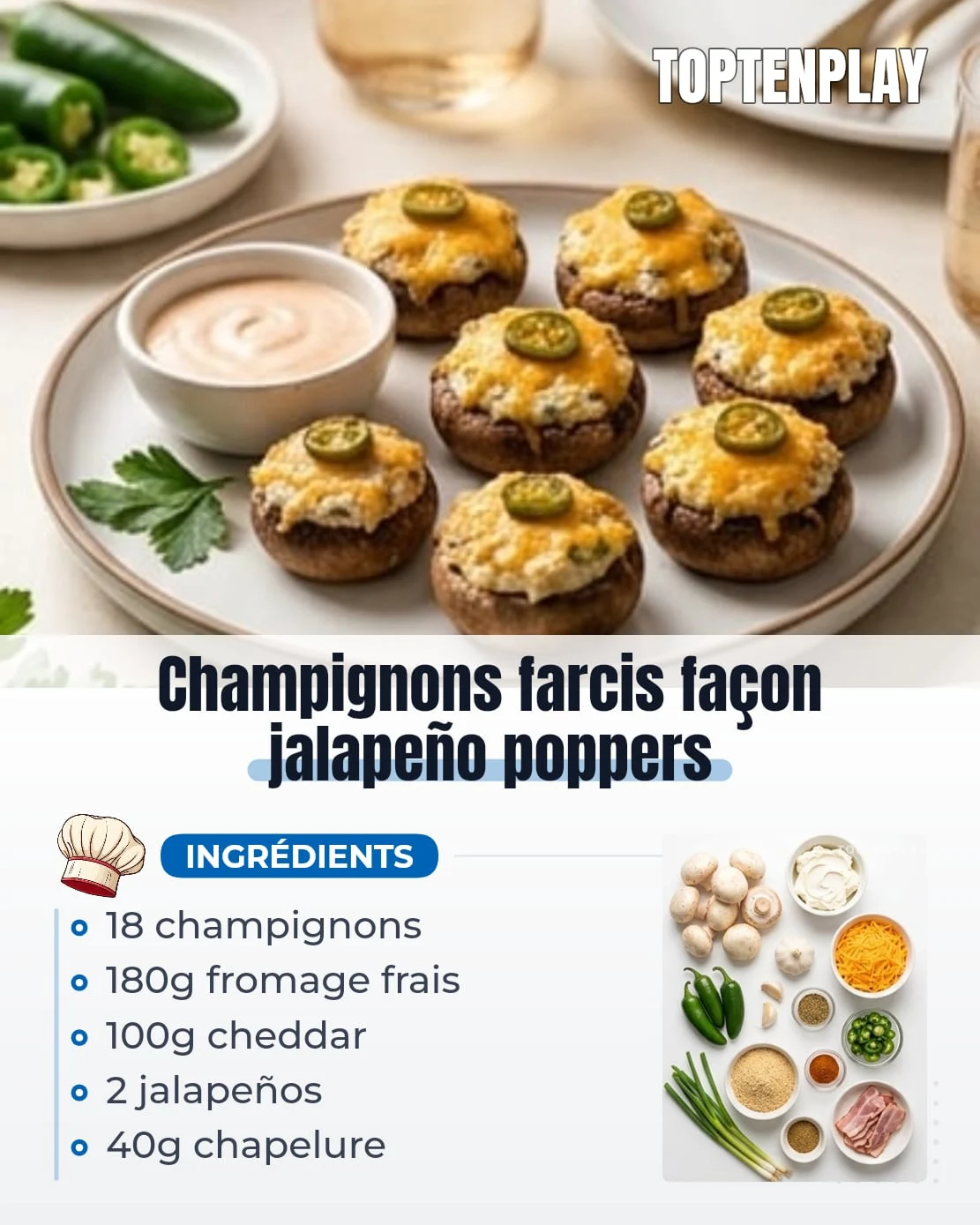 Champignons farcis façon jalapeño poppers
• 18 pièces gros champignons de Paris
• 180g fromage frais nature
• 100g cheddar râpé
• 2 jalapeños frais