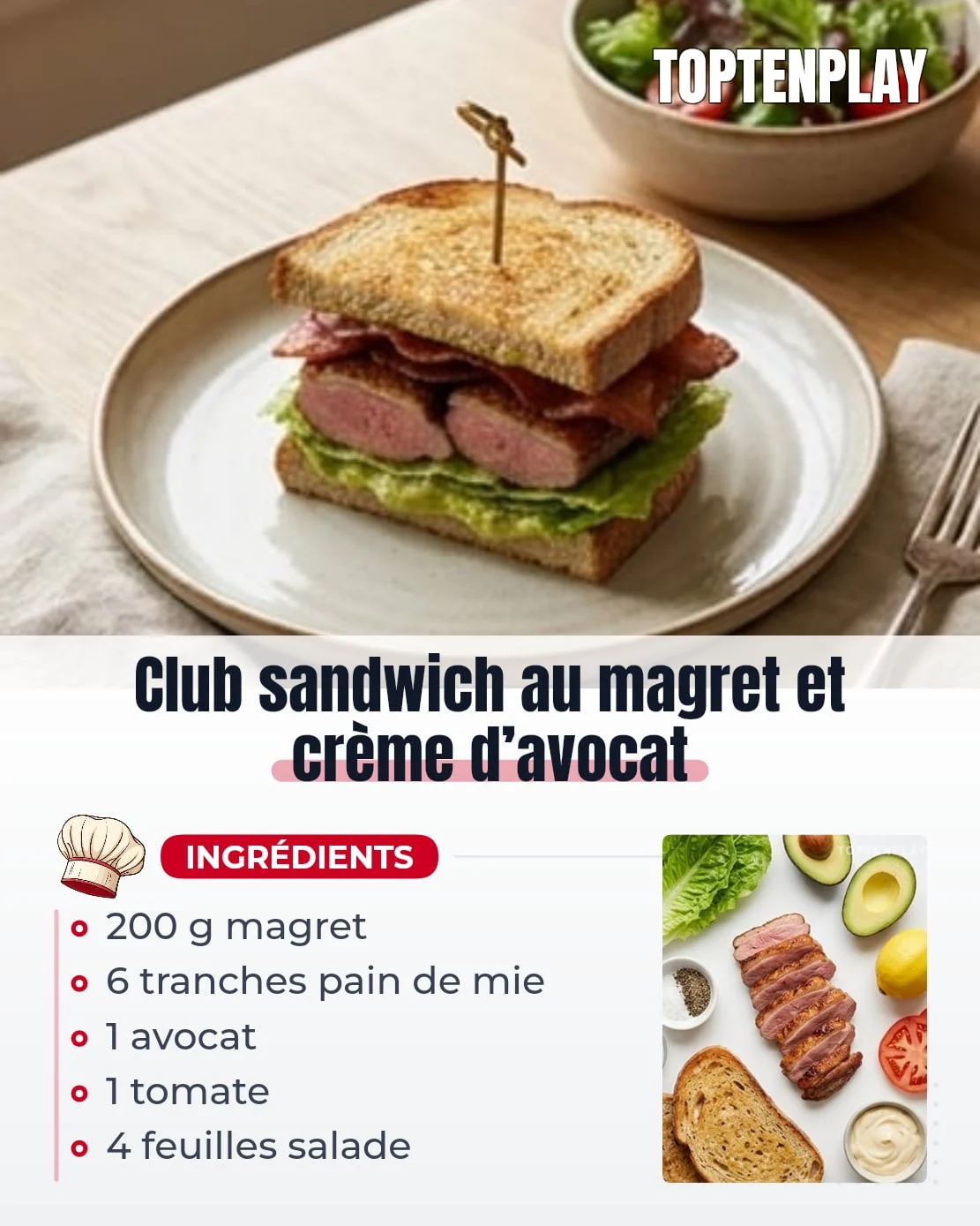 Club sandwich au magret et crème d’avocat
• 6 tranches pain de mie épais
• 200 g magret de canard cuit ou fumé, tranché finement
• 1 avocat bien mûr
• 1 cuillère à soupe jus de citron