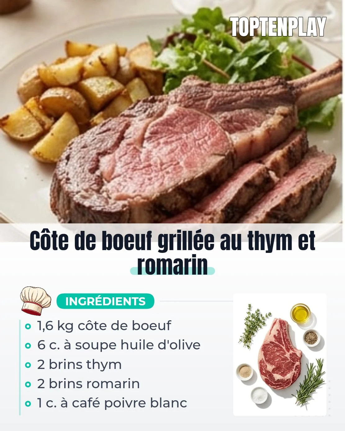 Côte de boeuf grillée au thym et romarin
• 2 pièces de 800 g côtes de boeuf
• 6 c. à soupe huile d'olive
• 2 brins thym frais
• 2 brins romarin frais