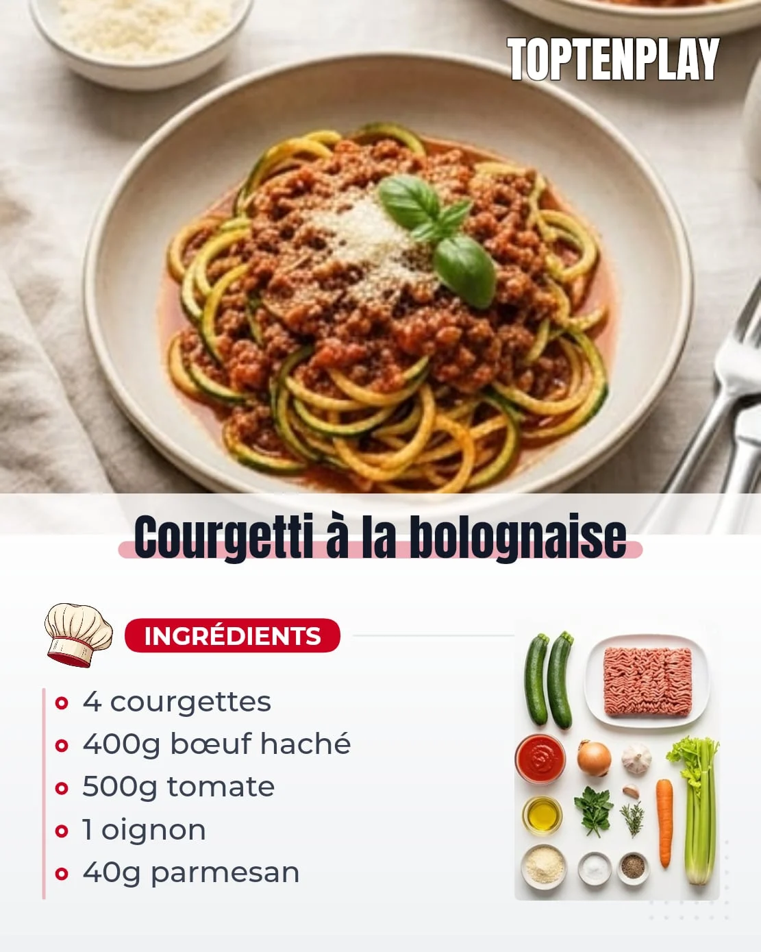 Courgetti à la bolognaise
• 4 courgettes moyennes
• 400g bœuf haché
• 500g passata de tomate
• 1 oignon jaune