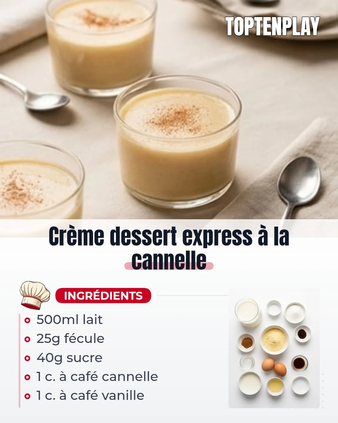 Crème dessert express à la cannelle
• 500 ml lait entier ou demi-écrémé
• 40 g sucre
• 25 g fécule de maïs
• 1 c. à café cannelle moulue