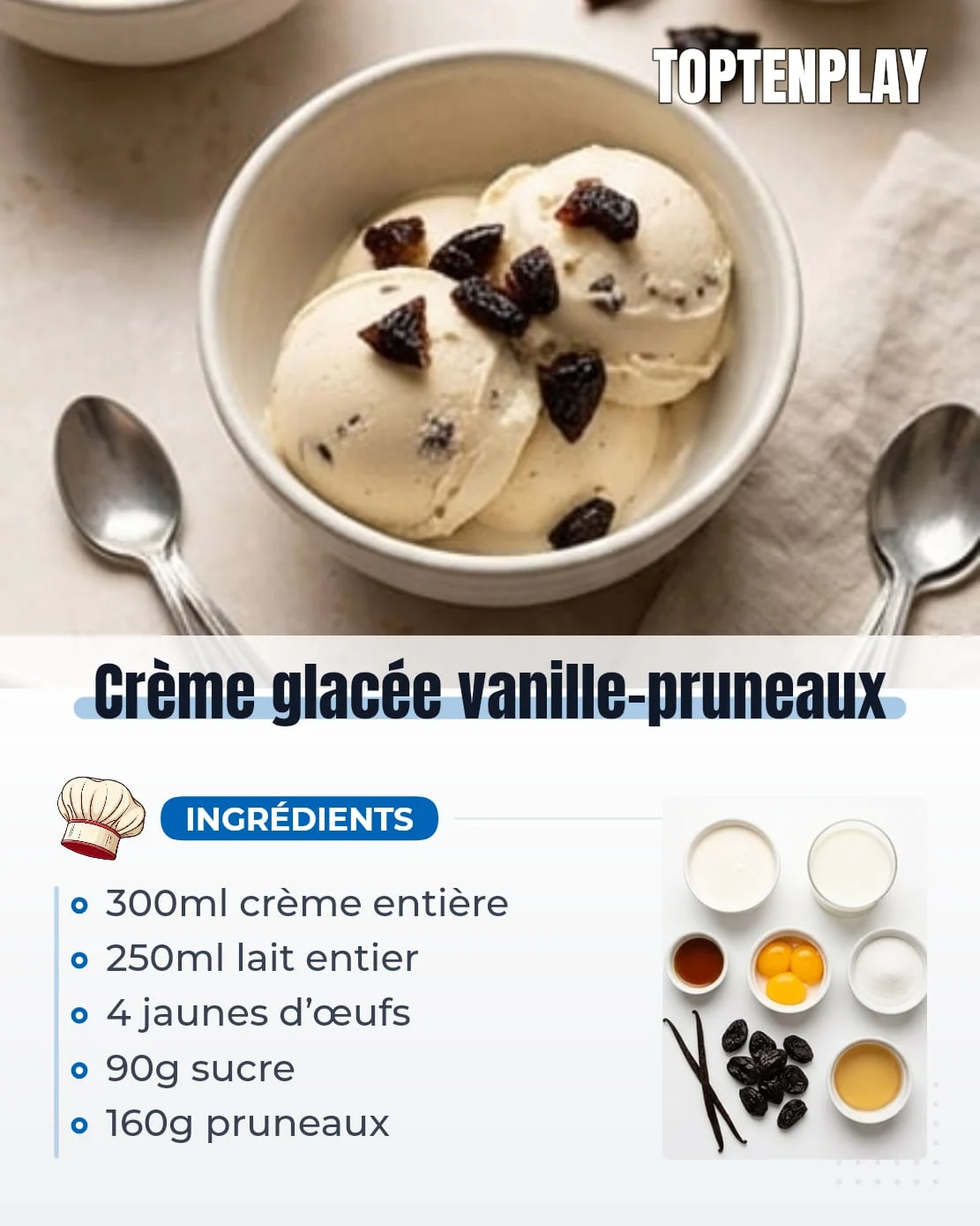 Crème glacée vanille-pruneaux
• 300ml crème entière liquide
• 250ml lait entier
• 4 jaunes d’œufs
• 90g sucre