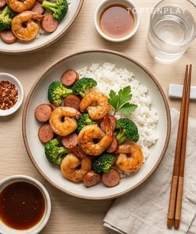 Crevettes miel-ail sautées au brocoli