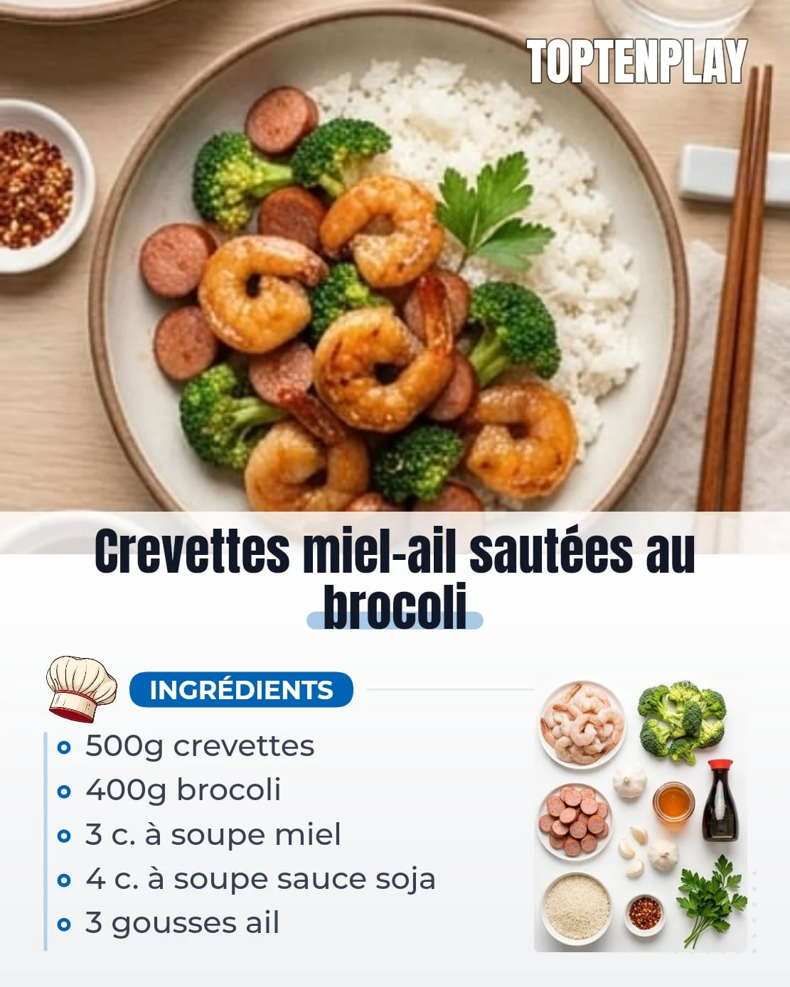 Crevettes miel-ail sautées au brocoli
• 500g crevettes crues décortiquées
• 400g brocoli en petites fleurettes
• 3 cuillères à soupe miel
• 4 cuillères à soupe sauce soja