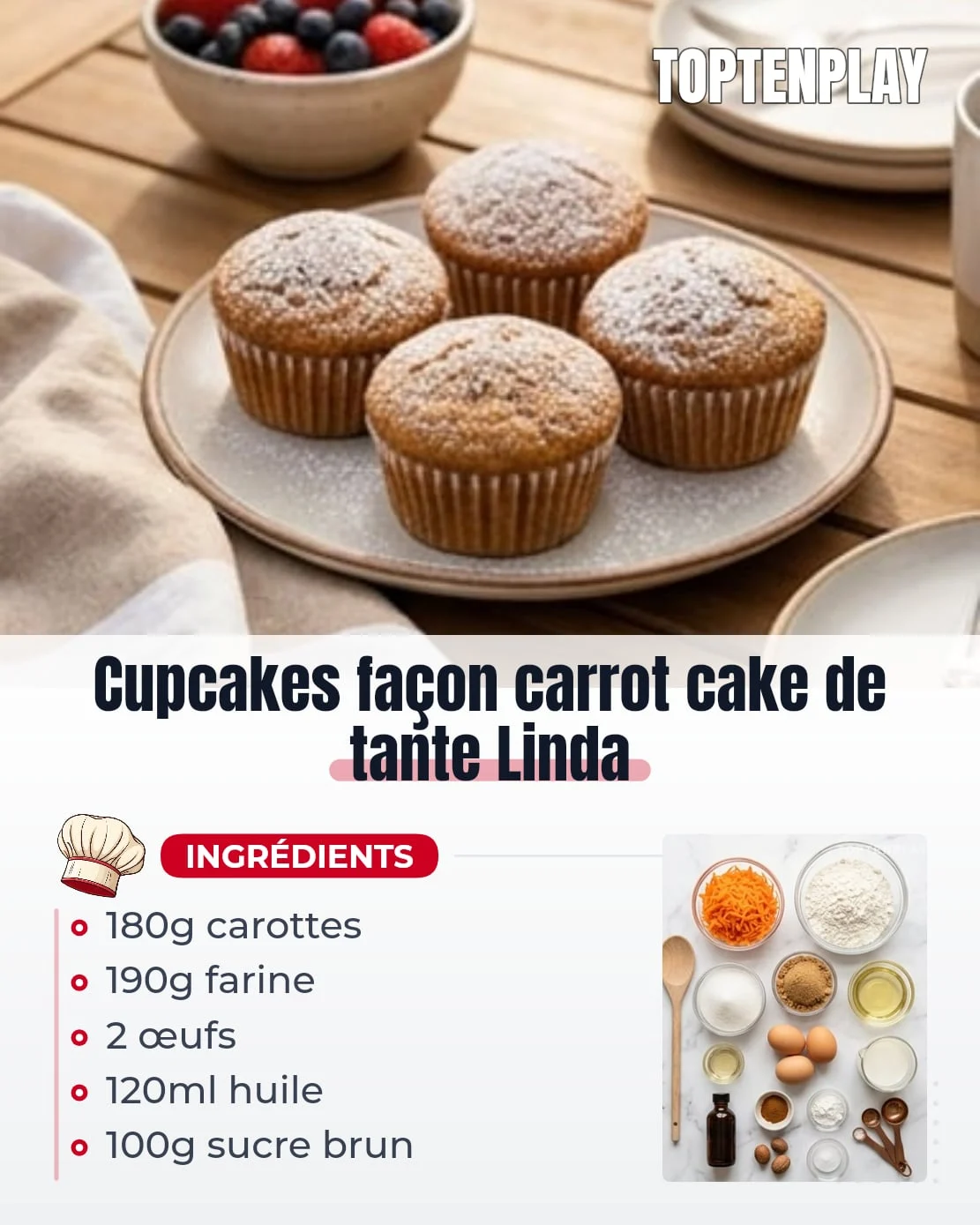 Cupcakes façon carrot cake de tante Linda
• 190 g farine tout usage
• 150 g sucre en poudre
• 100 g sucre brun clair tassé
• 1 1/2 c. à café levure chimique