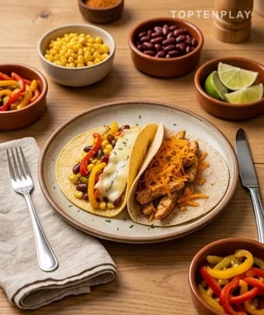 Duo de tacos fromagers aux légumes, poulet, Morbier et Mimolette