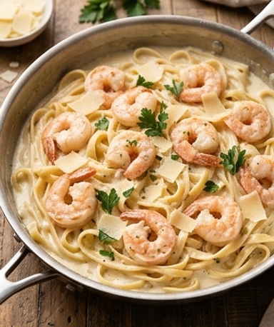 Fettuccine Alfredo aux Crevettes en Un Seul Plat
