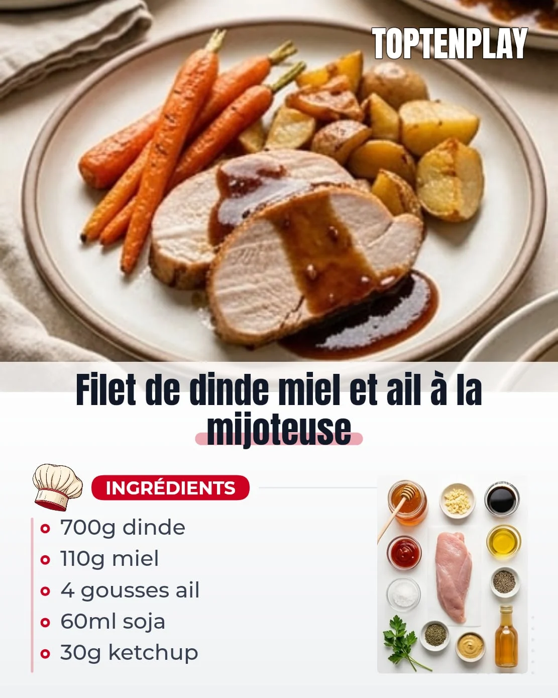 Filet de dinde miel et ail à la mijoteuse
• 700 g filet de dinde
• 110 g miel liquide
• 4 gousses d’ail hachées
• 60 ml sauce soja réduite en sel