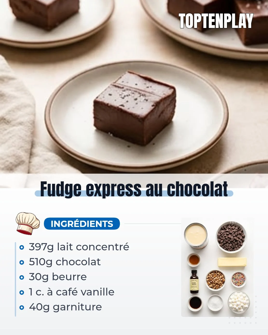 Fudge express au chocolat
• 397g lait concentré sucré
• 510g pépites de chocolat mi-sucré
• 30g beurre doux
• 1 c. à café vanille en poudre ou arôme vanille sans alcool