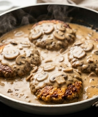 Galettes de bœuf fondantes nappées de sauce crémeuse aux champignons