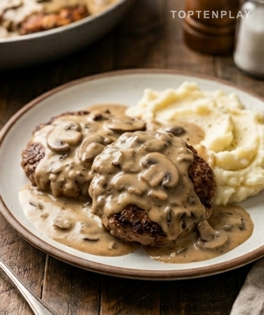 Galettes de bœuf fondantes nappées de sauce crémeuse aux champignons