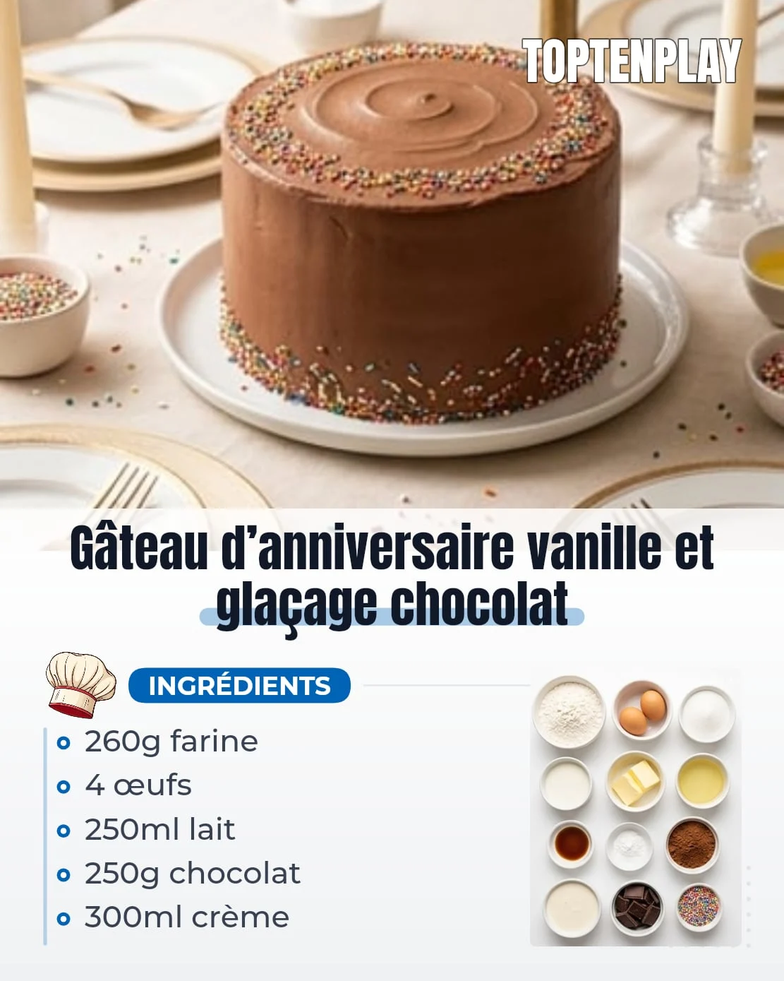Gâteau d’anniversaire vanille et glaçage chocolat
• 260g farine de blé
• 2 1/2 c. à café levure chimique
• 1/2 c. à café sel fin
• 4 œufs à température ambiante