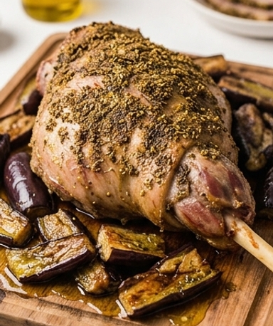 Gigot d'agneau rôti au zaatar et aubergines confites au four