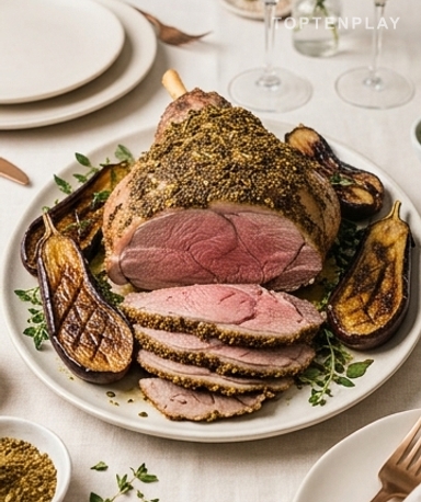 Gigot d'agneau rôti au zaatar et aubergines confites au four