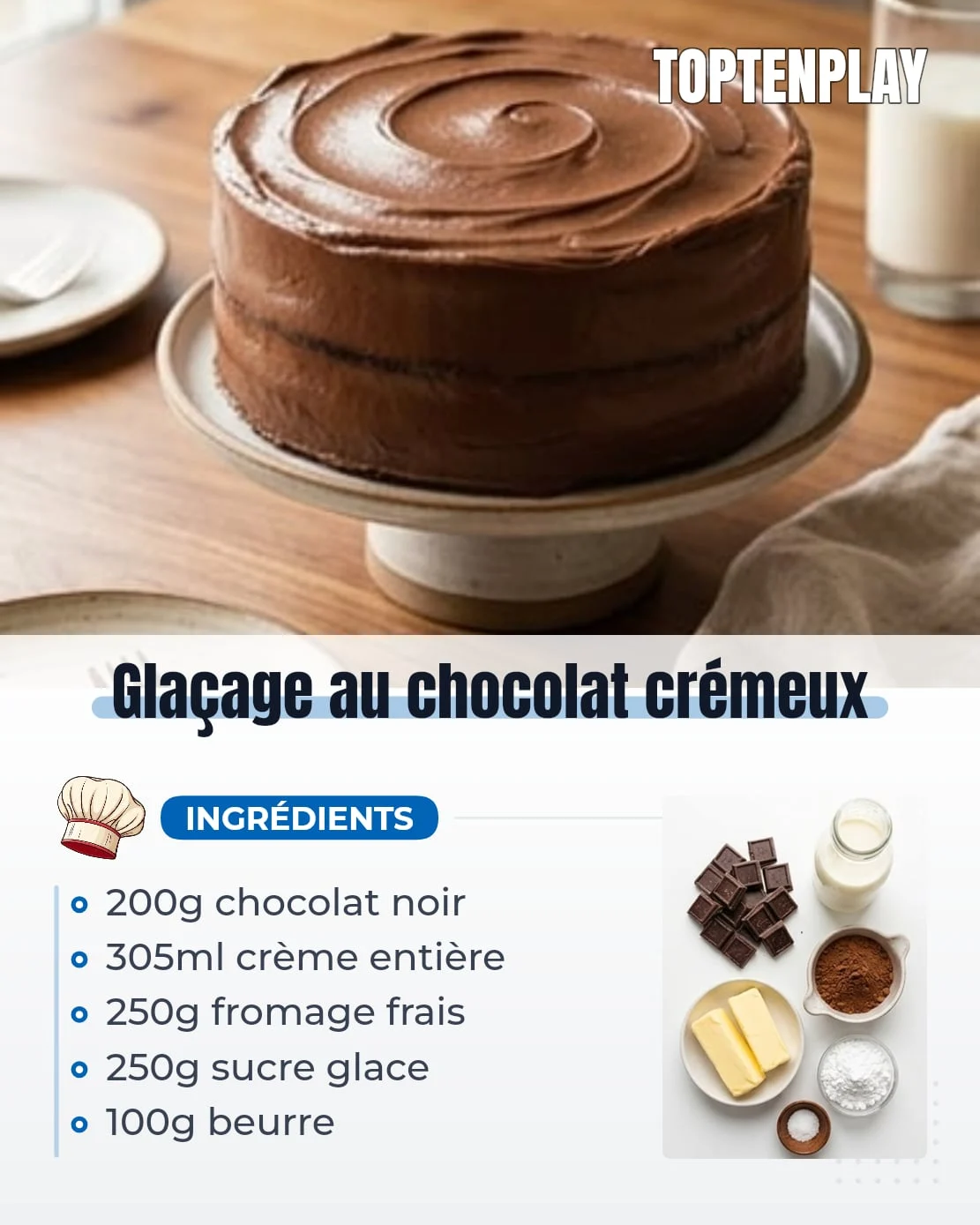 Glaçage au chocolat crémeux
• 200g chocolat noir de pâtisserie, 45 à 55 % de cacao
• 180ml crème entière liquide, 35 % de matière grasse minimum
• 25g cacao non sucré, idéalement cacao hollandais
• 100g beurre doux ramolli