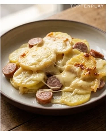 Gratin au Maroilles et saucisses fumées