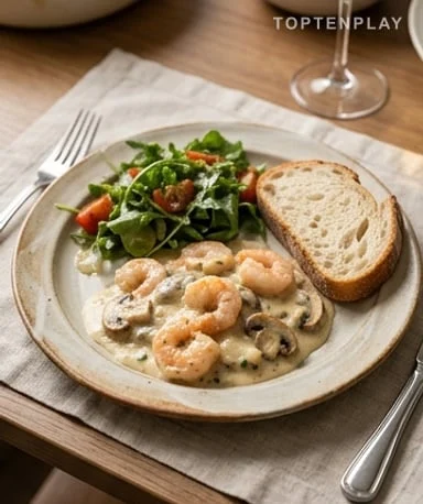 Gratin crémeux aux crevettes et champignons